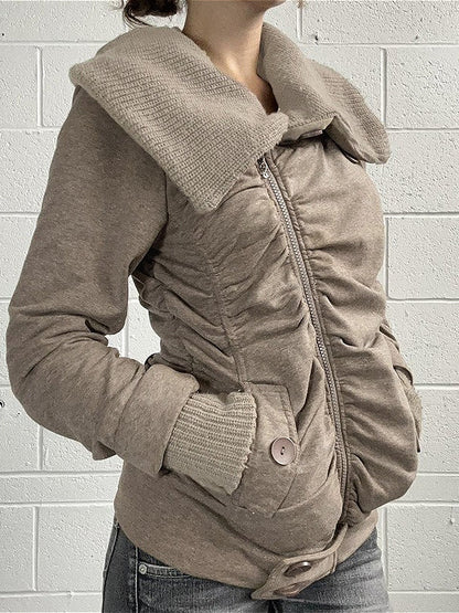 Pleated Lapel Knit Jacket Coat