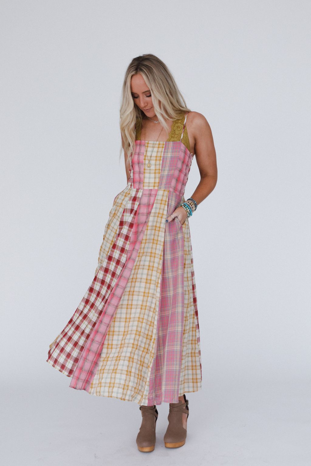 Western Charm Checkered Dress - Pink